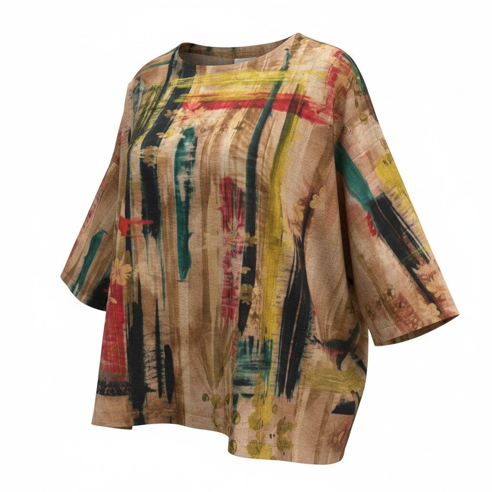Ali Miles Abstract Art Print Corduroy Top Women 1X Tan Multi Colorful Boho